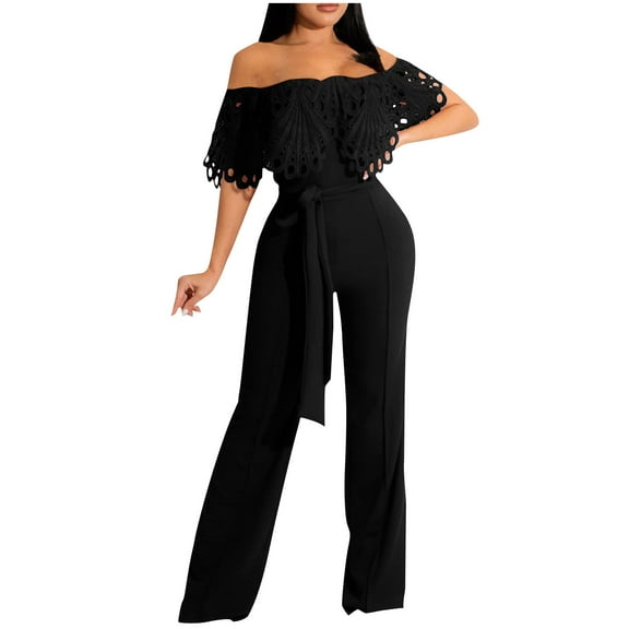 LYXSSBYX Jumpsuits for Women Dressy Women's Spring and Summer Solid Color Off Shoulder Hollow Lace Ruffle Waist Tie Up Jumpsuit