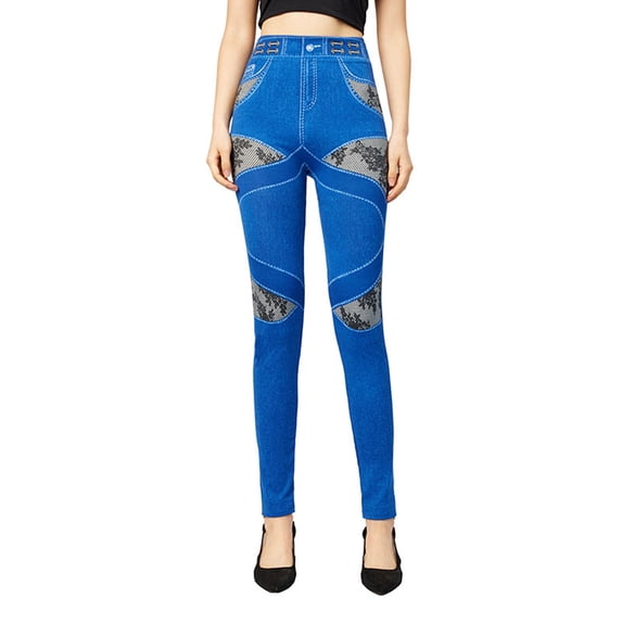 LYXSSBYX Leggings for Women Jeans Style Women's Fashion Elastic Imitation Denim Lace Print Leggings With Yoga Sport Elastic Pants