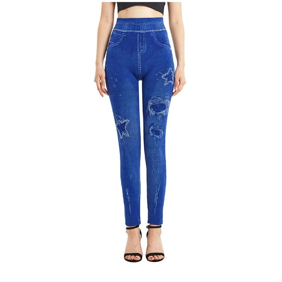 LYXSSBYX Leggings for Women Jeans Style Women's Fashion Elastic Imitation Denim Print Leggings With Yoga Sport Elastic Pants