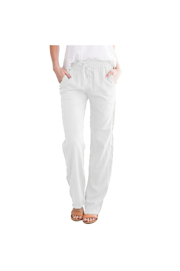 Line Pants Women Casual Cotton and Linen Solid Drawstring Elastic Waist Long Straight Pants