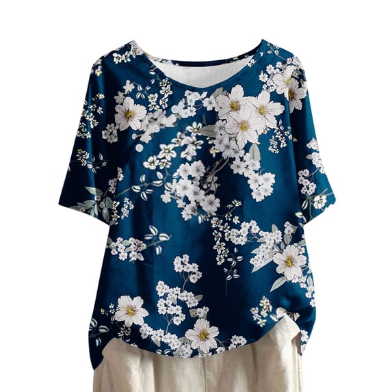 LYXSSBYX Linen Shirts for Women Women's Casual Round Neck Casual Button Printed Short Sleeve Blouse Short Sleeve Round Neck Blouse/Shirt
