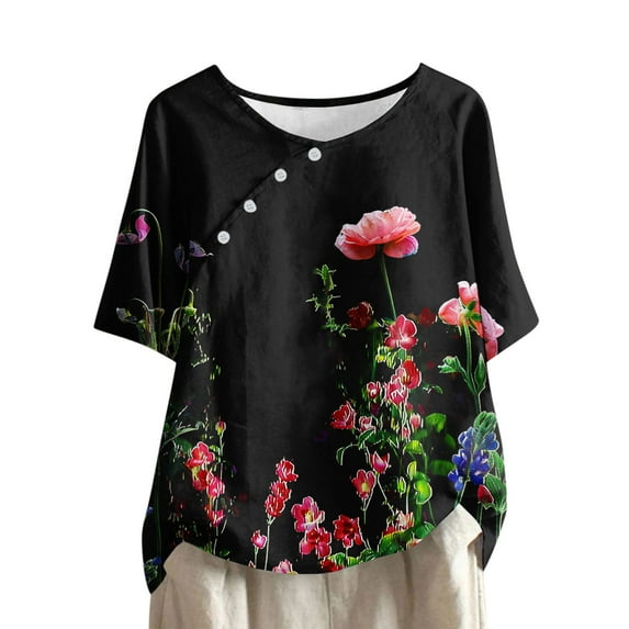 LYXSSBYX Linen Shirts for Women Women's Casual Round Neck Casual Button Printed Short Sleeve Blouse Short Sleeve Round Neck Blouse/Shirt