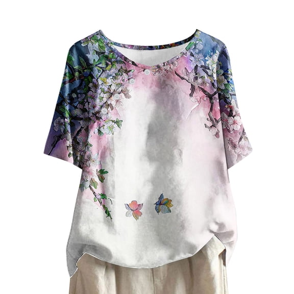 LYXSSBYX Linen Shirts for Women Women's Casual Round Neck Casual Button Printed Short Sleeve Blouse Short Sleeve Round Neck Blouse/Shirt