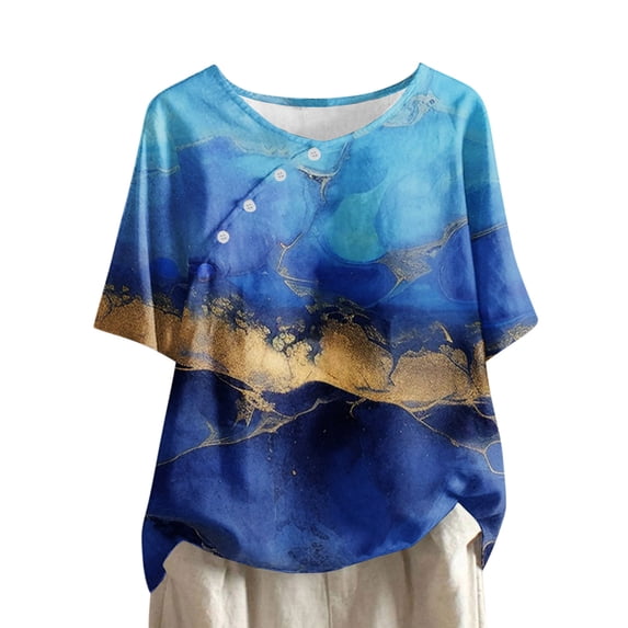 LYXSSBYX Linen Shirts for Women Women's Casual Round Neck Casual Button Printed Short Sleeve Blouse Short Sleeve Round Neck Blouse/Shirt
