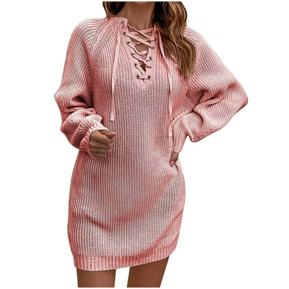 LYXSSBYX Long Sleeve Dresses Hot Sale Clearance Fashion Women Casual Solid V-Neck Long Sleeve Bandage Loose Knit Dress Autumn Blouse Pullover Tops