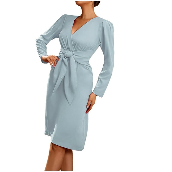 LYXSSBYX Long Sleeve Dresses Fashion Womens Sexy Solid Zipper Long Sleeve V- Neck Regular Dress