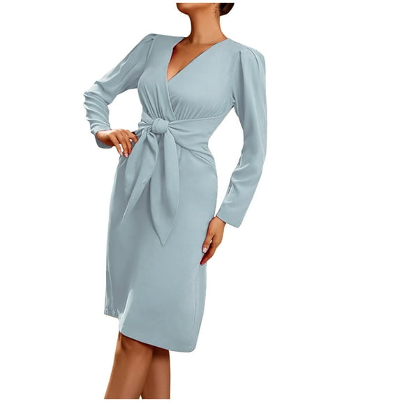 LYXSSBYX Long Sleeve Dresses Fashion Womens Sexy Solid Zipper Long Sleeve V- Neck Regular Dress