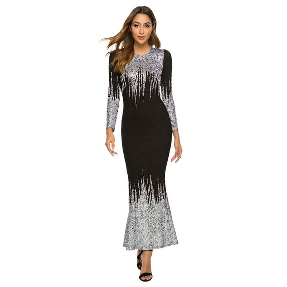 LYXSSBYX Long Sleeve Dresses Women Round Neck Long Sleeve Gold Silver Color Printed Evening Dress
