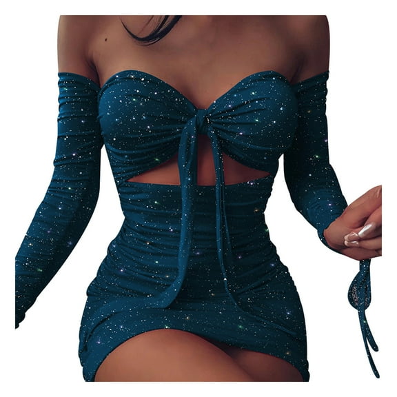 LYXSSBYX Long Sleeve Dresses Women's Off Shoulder Mini Dress Sexy Pleated Strapless Body Party Clubwear