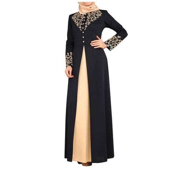 LYXSSBYX Long Sleeve Dresses Women's Summer Casual Zipper Button Floral Round Neck Long Sleeve Sundress Long Swing Dress