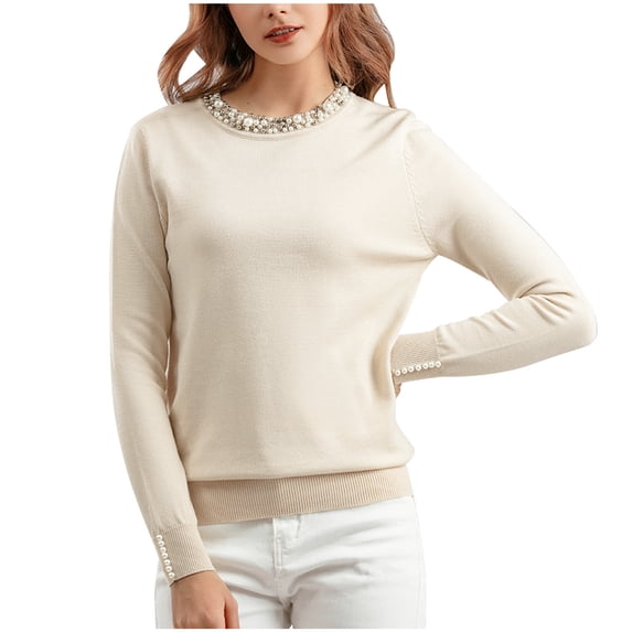 LYXSSBYX Long Sleeve Shirts for Women Clearance Women's Beaded Pullover Sweater Women's Round Neck Long Sleeve Knitwear Loose Bottom Blouse