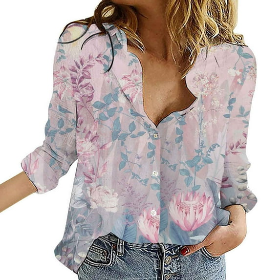 LYXSSBYX Long Sleeve Shirts for Womens Fashion Casual Lapel Top Loose Buttoned Long Sleeve Print Blouse