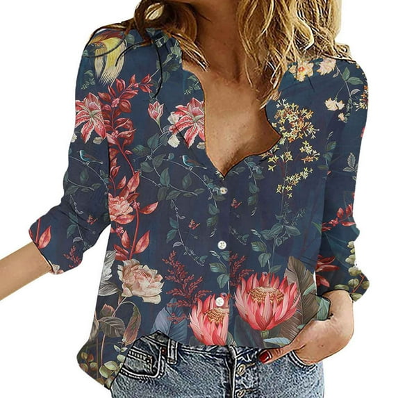 LYXSSBYX Long Sleeve Shirts for Women Womens Fashion Casual Lapel Top Loose Buttoned Long Sleeve Print Blouse