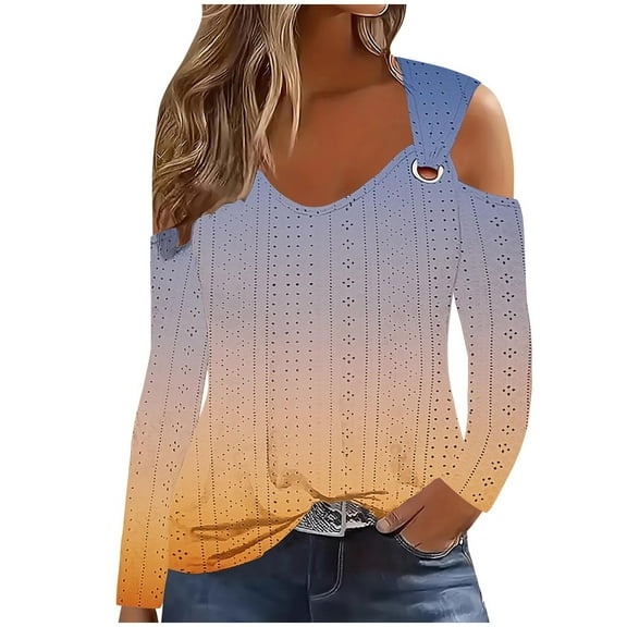 LYXSSBYX Long Sleeve Shirts for Women Women's Fashion Casual Gradient Long-Sleeved Pullover Top with Missing Shoulder