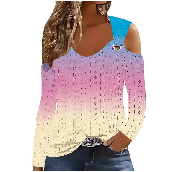 LYXSSBYX Long Sleeve Shirts for Women Women's Fashion Casual Gradient Long-Sleeved Pullover Top with Missing Shoulder