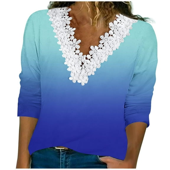 LYXSSBYX Long Sleeve Shirts for Women Women's Fashion Casual Gradient Loose Lace Long Sleeve V-neck Tops