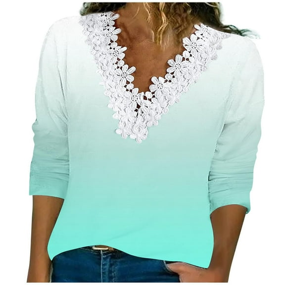 LYXSSBYX Long Sleeve Shirts for Women Women's Fashion Casual Gradient Loose Lace Long Sleeve V-neck Tops