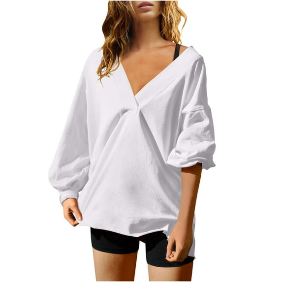 LYXSSBYX Long Sleeve Shirts for Women Womens Oversized Tee Shirts Long Sleeve T Shirt Fashion Workout Tops Casual Loose V Neck Layer Blouse