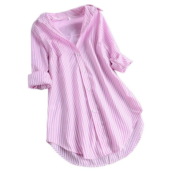 LYXSSBYX Long Sleeves Womens Tops for Women Shirt with Stripe Long Sleeve Turn-down Collar Button Loose Top Shirts Blouse
