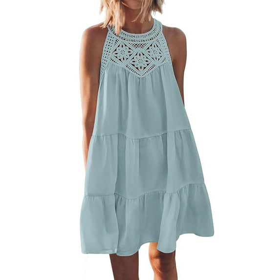 LYXSSBYX Mama Shirts for Women Short Sleeve Women's Summer Solid Color Hollowed Out Camisole Dress Casual Sleeveless A-line Layered Beach Vacation Dress with Tone Camisole Round Neck Dress