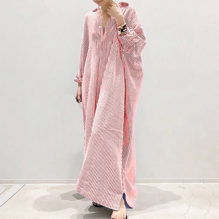 Lyxssbyx Maxi Dresses for Women Long Sleeve Women's Fashion Cotton Stripe Lapel Loose Irregular Cardigan Dress