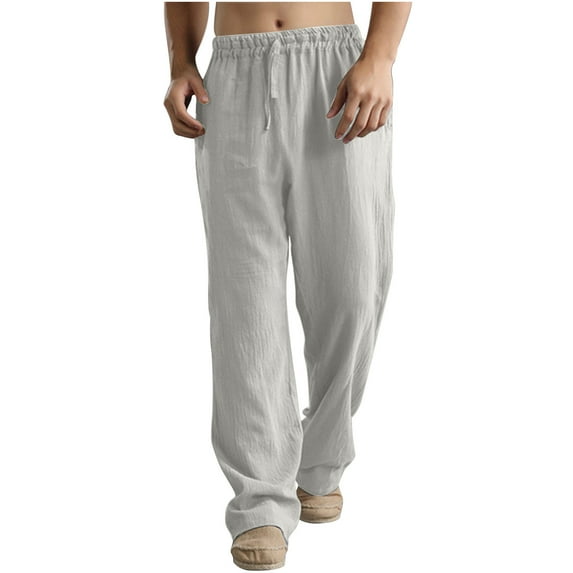 LYXSSBYX Mens Pants Elastic Waist Men Solid Casual Elastic Waistband Pocket Cotton Linen Panel Trousers Pants