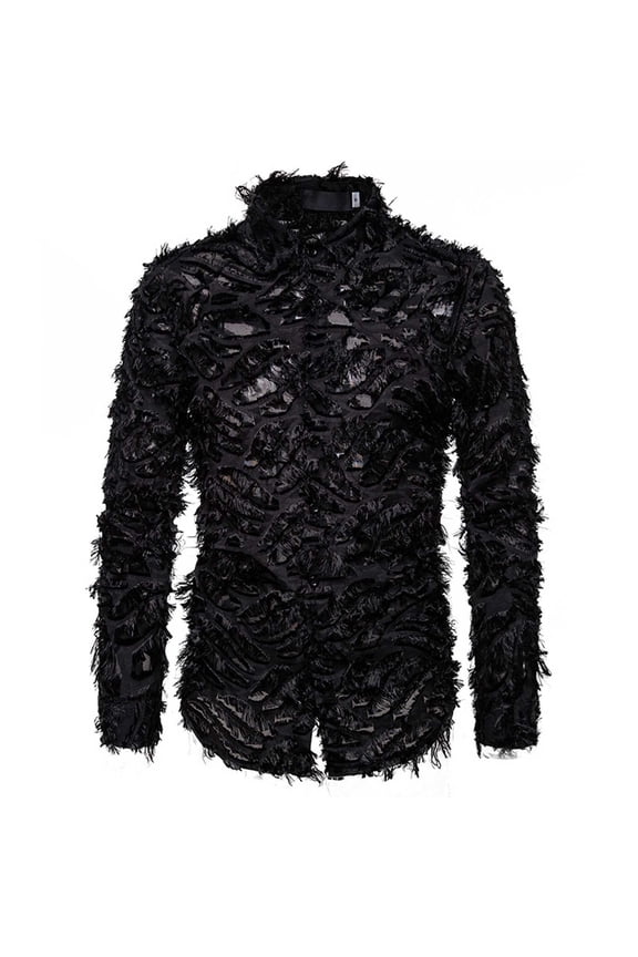 Mens Shirts Long Sleeve Men Handmade 3D Feather Featured Turndown Shirt Top Blouse