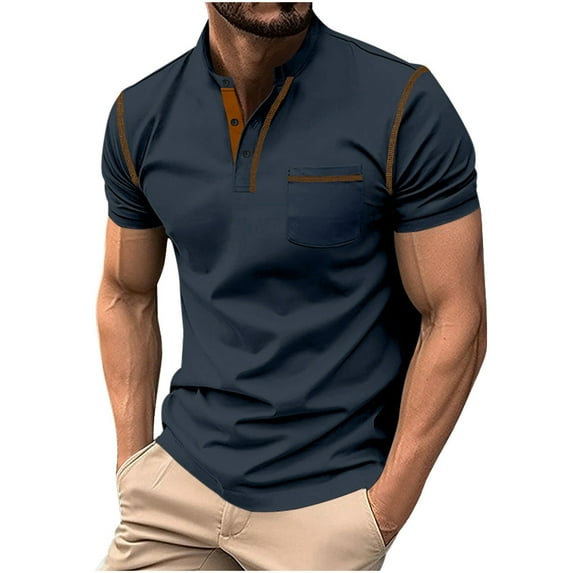 LYXSSBYX Mens Shirts Polo Short Sleeve Men's Pullover Stand Collar Button Pocket Short Sleeve Top Sports Stand Collar Top/Shirt