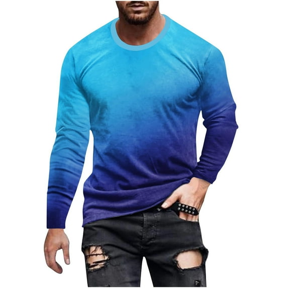LYXSSBYX Mens T-Shirts Long Sleeve Men Gradation Casual Round Neck Long Sleeve Pullover Printed T-Shirt Blouse Tops