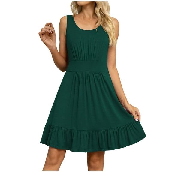 LYXSSBYX Midi Dresses for Women Women's Fashion Sexy Solid Sleeveless Round Neck Pleated Dresses Mini Dress