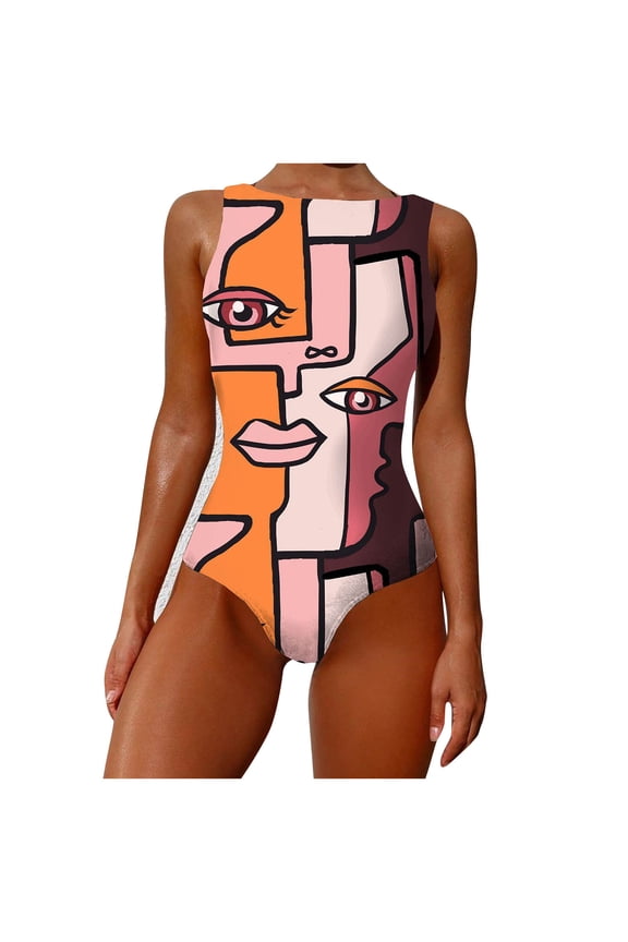 One Piece Swimsuits for Women Fashion Women Graffiti Abstract Print Sexy High Neck Backless Siamese Swimwear
