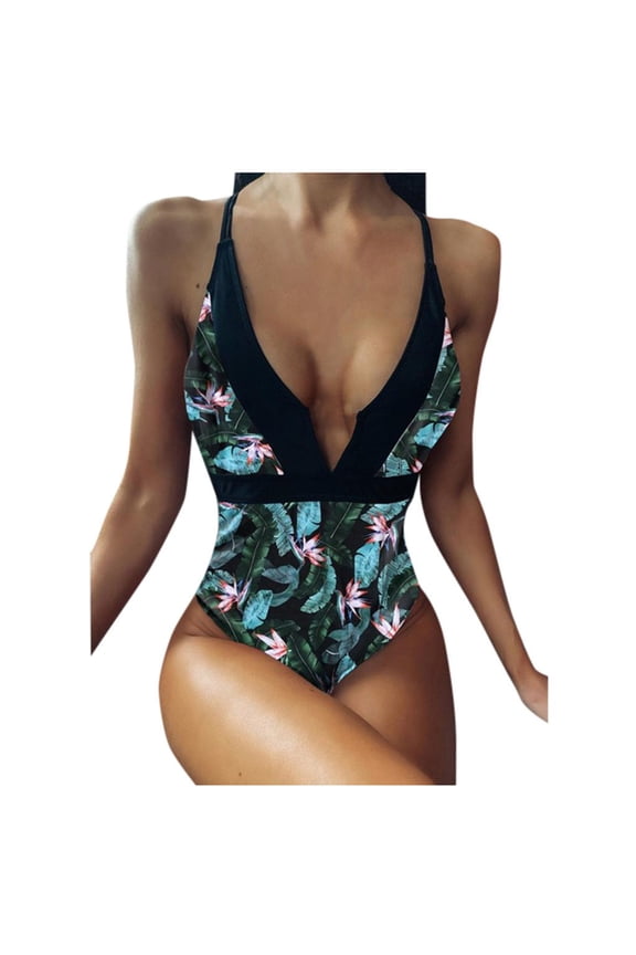 One Piece Swimsuits for Women Women's Plunging Neckline High Waist Tropical Print Open Back One Piece Swimsuit