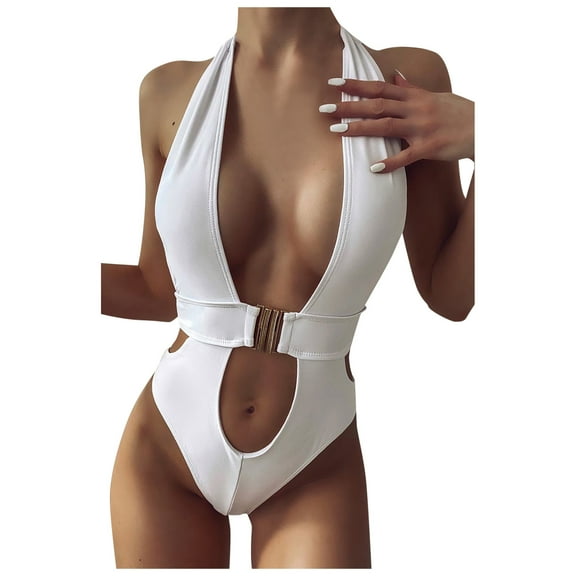 LYXSSBYX One Piece Swimsuits for Women Women's Solid Color One-Piece Deep V Sexy Buckle Design Bikini Swimsuit