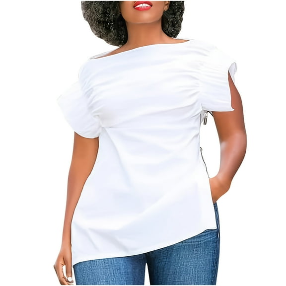 LYXSSBYX Oversized Tshirts for Women Women's Casual Round Neck Puff Short-Sleeved Solid Short T-Shirt Zipper Tops