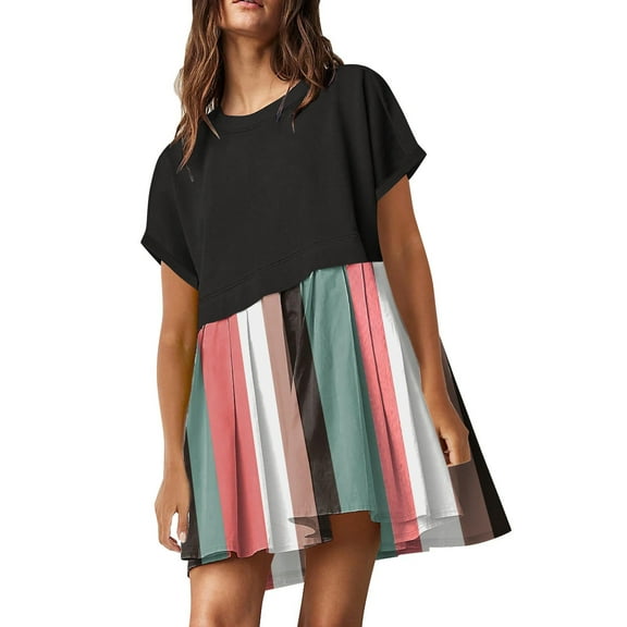 LYXSSBYX Pajamas for Women Set Fashion Women's Casual Short Sleeve Dress Round-Neck Ladies Patchwork Mini Dresses