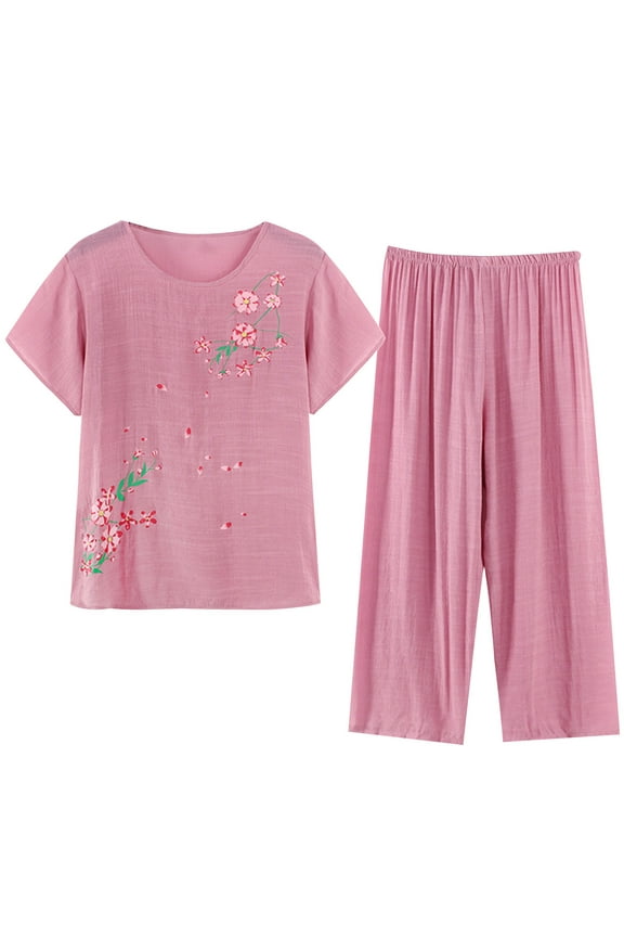 Pink Outfits for Women 2 Piece Sets Women Summer Casual Two Piece Suit Pajamas Short Sleeved Round Neck Top/Shirt Set Cotton Silk Suit Large Size Comfortable Breathable Cardigan Button Pocket