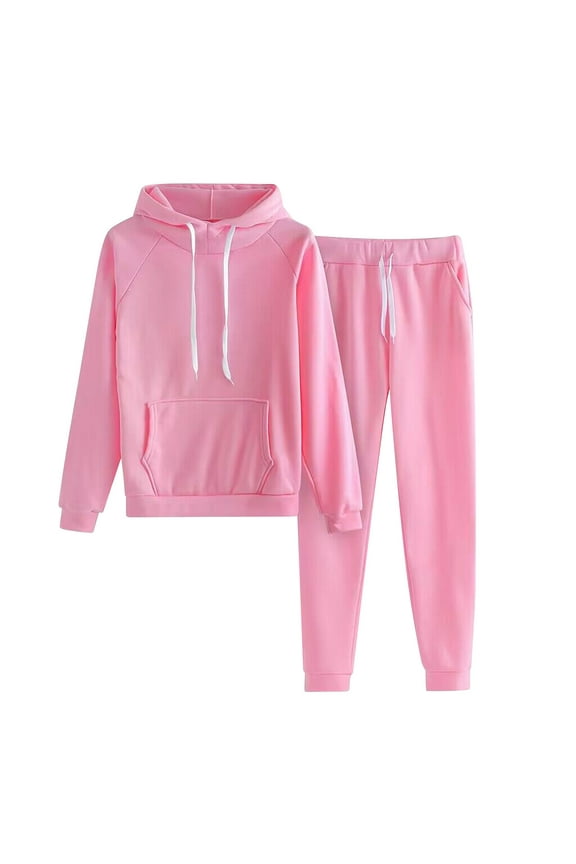 Pink Outfits for Women 2 Piece Sets Women's Casual Solid Hooded Drawstring Loose Long Sleeve Sweatshirt Tops and Long Pants Set Suits