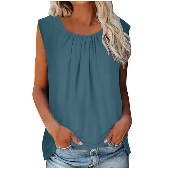 LYXSSBYX Plus Size Tank Tops for Women Women's Summer Solid Color Casual Tank Tops Loose Fit Pleated Round Neck Sleeveless Tops