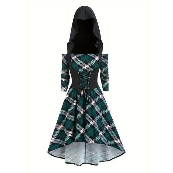 LYXSSBYX Plus Size Halloween Costumes for Women Women's Gothic Retro Hooded Colored Mid Length Dress Long Sleeve Dress