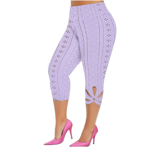 LYXSSBYX Plus Size Leggings for Women Clearance Fashion Women Plus Size Solid Hollow Elastic Waist Casual Leggings Capris Pants