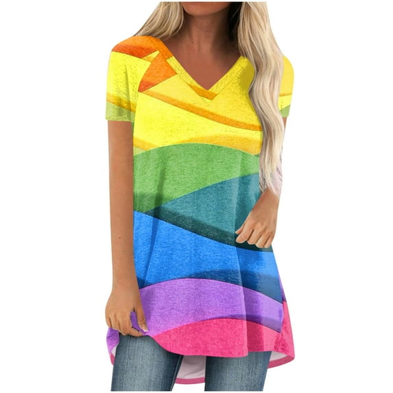 LYXSSBYX Plus Size Shirts for Women Women's Fashion Gradient Printed Blouse V-neck Short Sleeve Loose T-shirt Tops