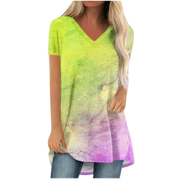 LYXSSBYX Plus Size Shirts for Women Women's Fashion Gradient Printed Blouse V-neck Short Sleeve Loose T-shirt Tops
