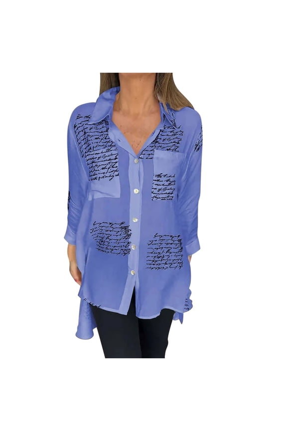 Plus Size Summer Casual Tunic Tops for Women Women's Lapel Irregular Front Short Back Long Printed Loose Sexy Long Sleeved Shirt