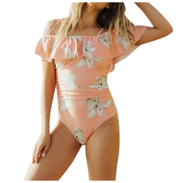 LYXSSBYX Plus Size Swimwear One Piece Women's Sexy off Back Floral Print Ruffle off Shoulder One Piece Swimsuit Bikini