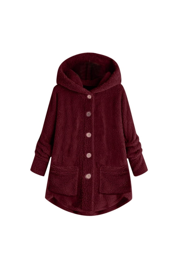 Plus Size Womens Coats with Hood Women Plus Size Button Plush Tops Hooded Loose Cardigan Wool Coat Winter Jacket