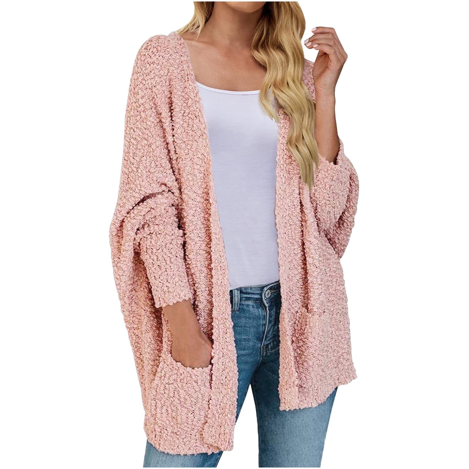 Plus Size Womens Jackets and Coats Clearance Womens Ladies Solid Open Front Soft Chunky Pocket Long Sleeve Coat Outerwear Cardigan