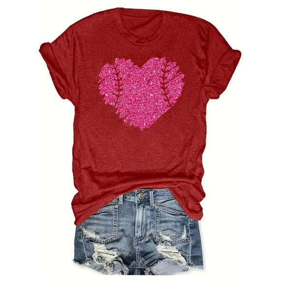 LYXSSBYX Plus Size Womens Shirts Clearance Women's Baseball Sport Printed T-Shirt with Round Neck and Short Sleeved Top