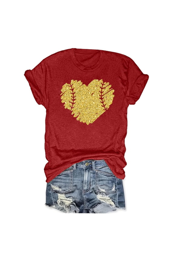 Plus Size Womens Shirts Clearance Women's Baseball Sport Printed T-Shirt with Round Neck and Short Sleeved Top