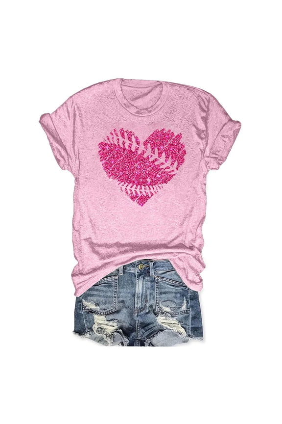 Plus Size Womens Shirts Clearance Women's Baseball Sport Printed T-Shirt with Round Neck and Short Sleeved Top