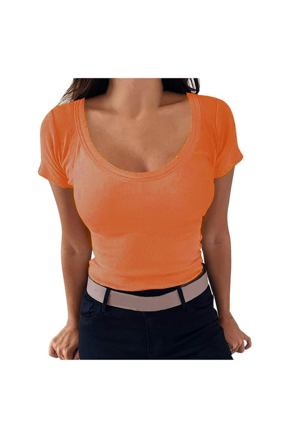 Plus Size Womens Shirts Women's Casual Solid Color Short-Sleeved U-Neck Top